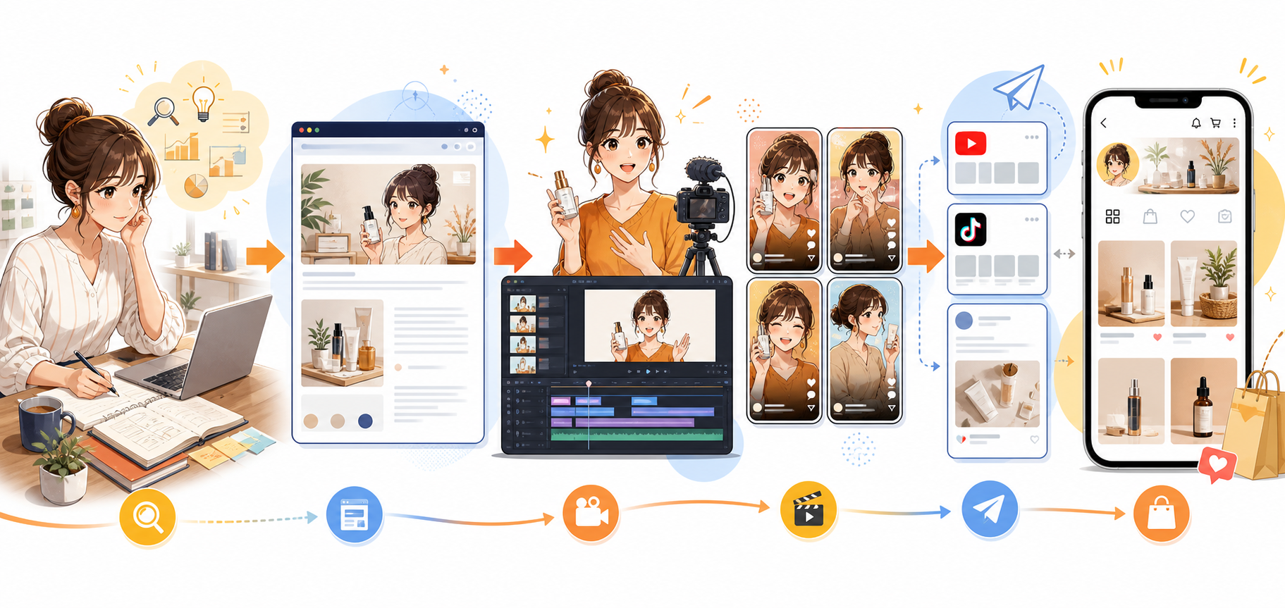 企画から記事・LP、長尺動画、ショート動画、SNS投稿、TikTok Shop連携へ横展開する活用イメージ